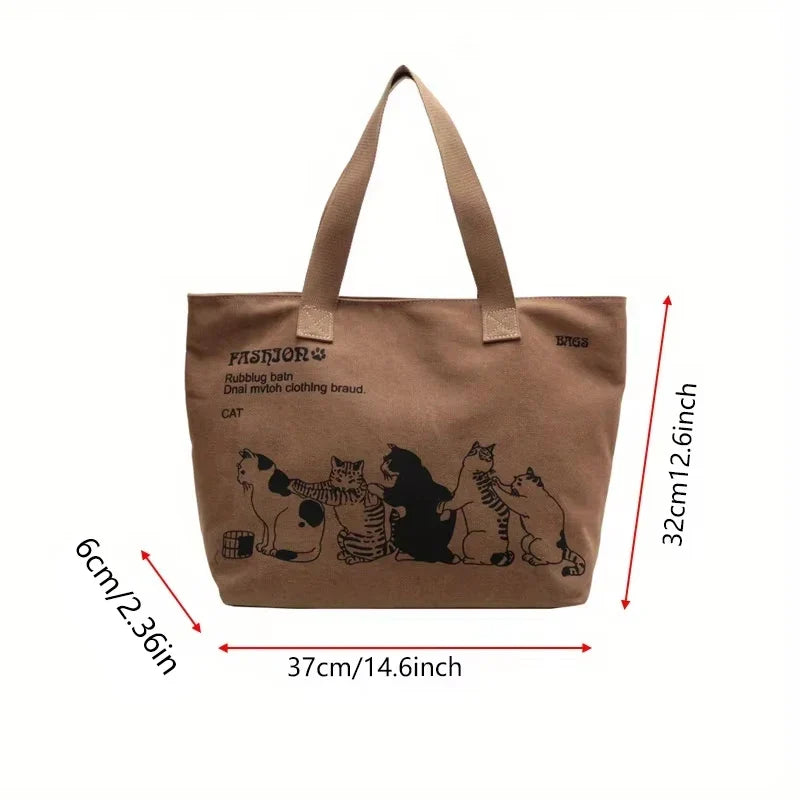 Canvas Tote Bag for Women – Cute Cat Print Shoulder Bag with Zipper