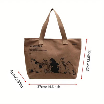 Canvas Tote Bag for Women – Cute Cat Print Shoulder Bag with Zipper