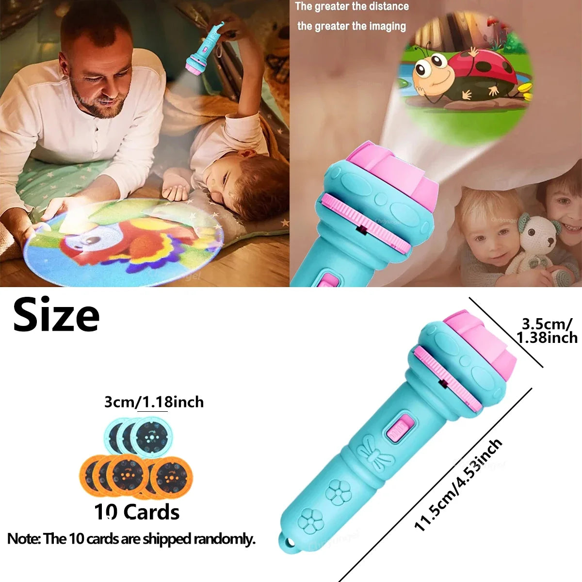 Kids Projector Flashlight – 10 Cards, 80 Patterns, Night Light
