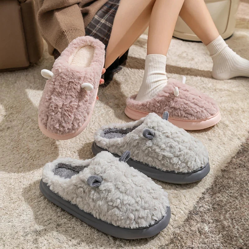 Fluffy Bunny Slippers – Warm Closed-Toe Plush House Shoes for Women & Men