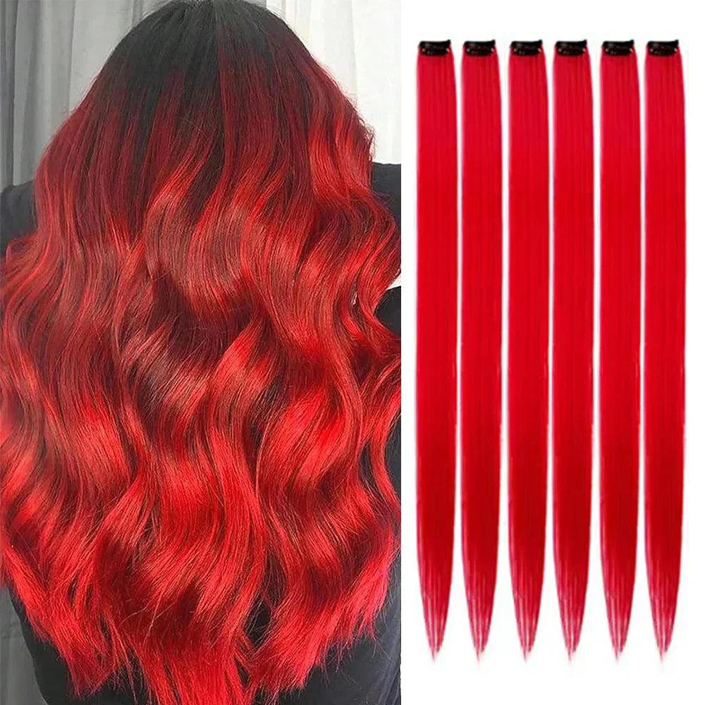 Clip-In Hair Extensions 6pcs – Colorful Highlight Streaks with Tinsel, 22 Inches