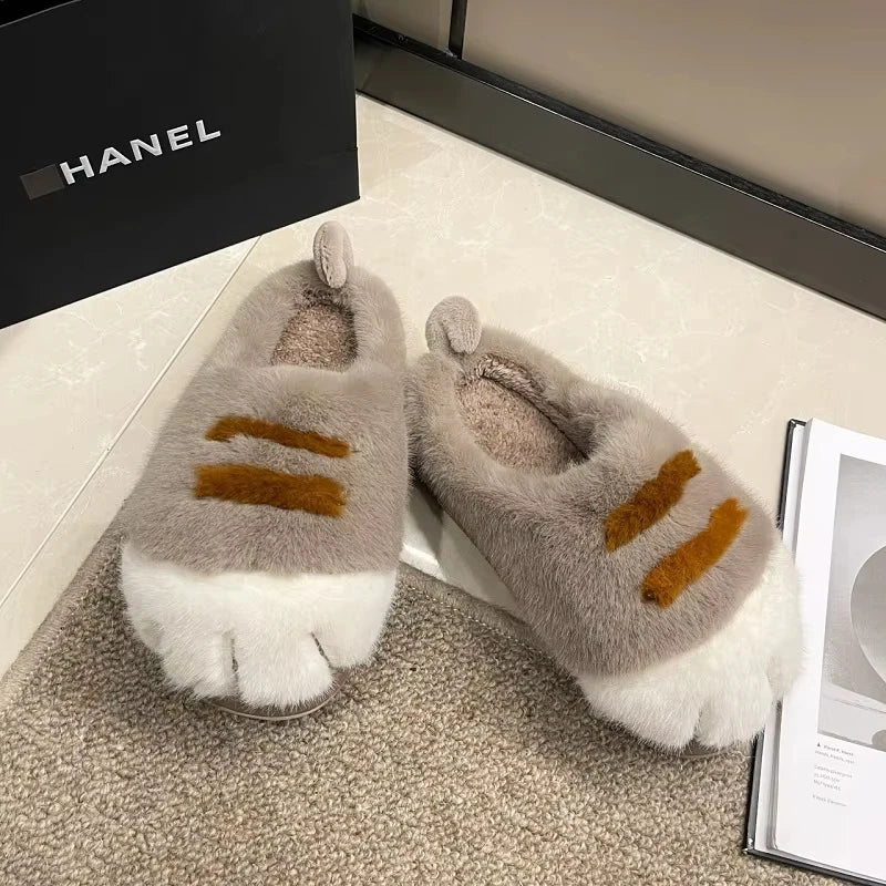 Cat Paw Fuzzy Slippers for Women – Cute Plush Non-Slip House Shoes