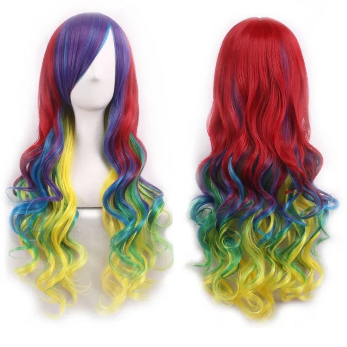 Rainbow Ombre Cosplay Wig with Bangs – Long Wavy Synthetic Hair