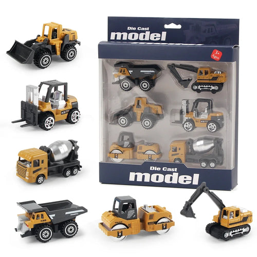6-Piece Alloy Construction Truck Toy Set – Excavator, Loader & Tractor
