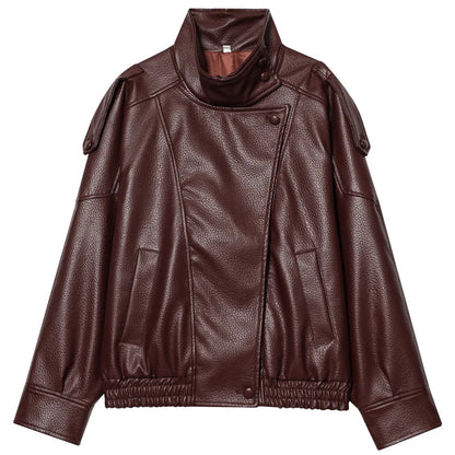 Faux Leather Bomber Jacket Women – Oversized Cropped Zip-Up