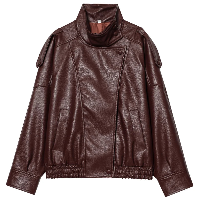 Women's Oversized Faux Leather Bomber Jacket – Cropped Zip-Up Coat