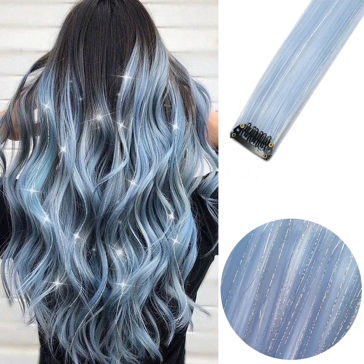 Clip-In Hair Extensions 6pcs – Colorful Highlight Streaks with Tinsel, 22 Inches