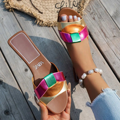 Women's Flat Slide Sandals – Woven Strap Open Toe