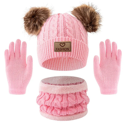 Kids Winter Hat Scarf Gloves Set – 3-Piece Knit Pom Pom Beanie