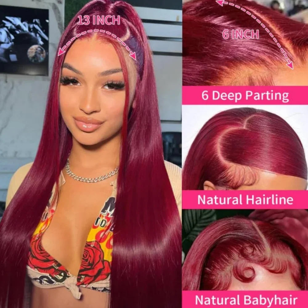 13x4 HD Lace Front Wig – 99J Burgundy Straight Human Hair, 250% Density
