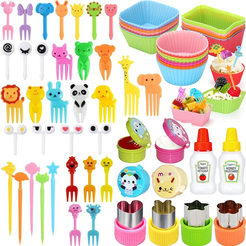 Kids Bento Lunch Box Accessories Set – Animal Food Picks, Silicone Cups & Food Cutters