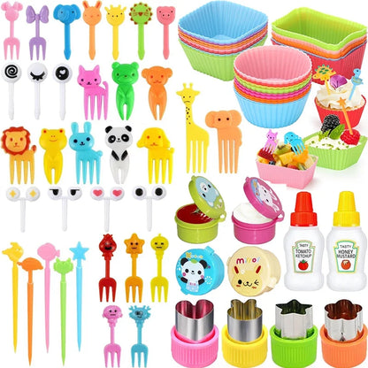 Kids Bento Lunch Box Accessories Set – Animal Food Picks, Silicone Cups & Food Cutters
