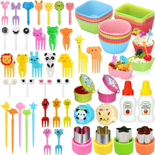 Kids Bento Lunch Box Accessories Set – Animal Food Picks, Silicone Cups & Food Cutters