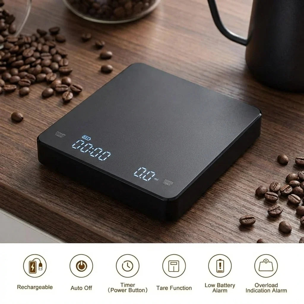 LED Digital Kitchen Scale with Timer – USB, 3kg/0.1g, Espresso Coffee