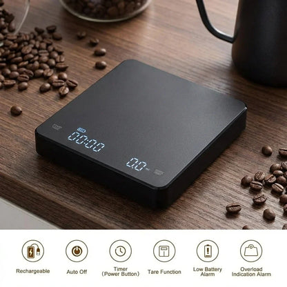 LED Digital Kitchen Scale with Timer – USB, 3kg/0.1g, Espresso Coffee