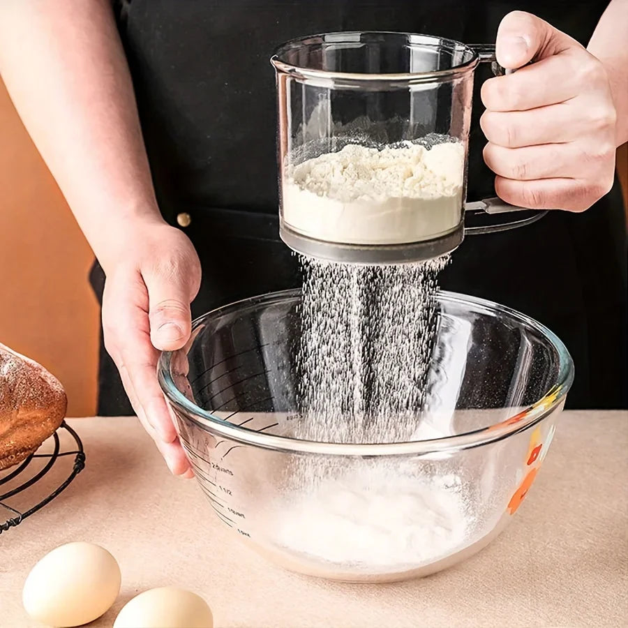 Hand Press Flour Sifter – Semi-Automatic Transparent Baking Sieve with Measurement Markings