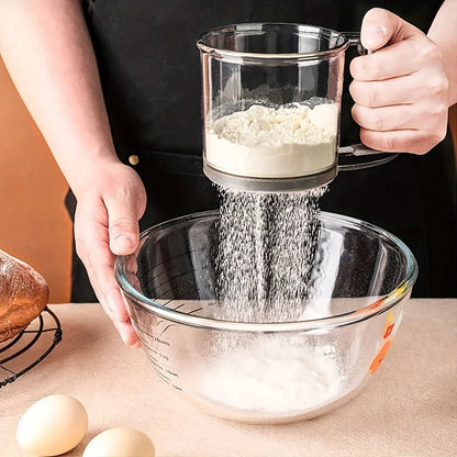 Hand Press Flour Sifter – Semi-Automatic Transparent Baking Sieve with Measurement Markings