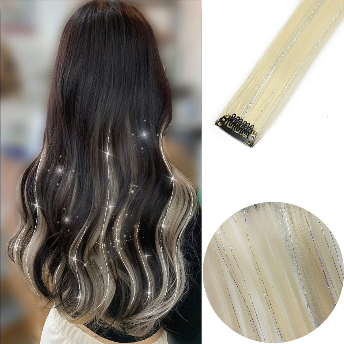 Clip-In Hair Extensions 6pcs – Colorful Highlight Streaks with Tinsel, 22 Inches