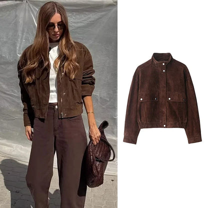 Women's Suede Bomber Jacket Elegant Slim Fit with Big Pockets
