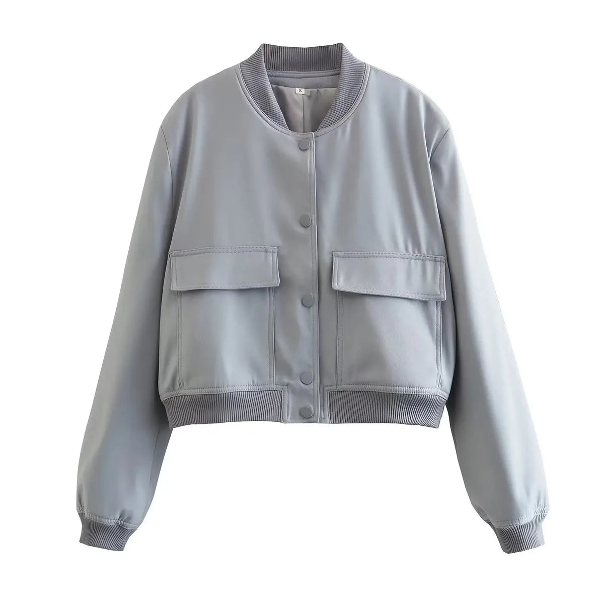 Women's Bomber Jacket – Solid V-Neck Single Breasted Coat with Pockets