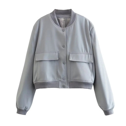 Women's Bomber Jacket – Solid V-Neck Single Breasted Coat with Pockets