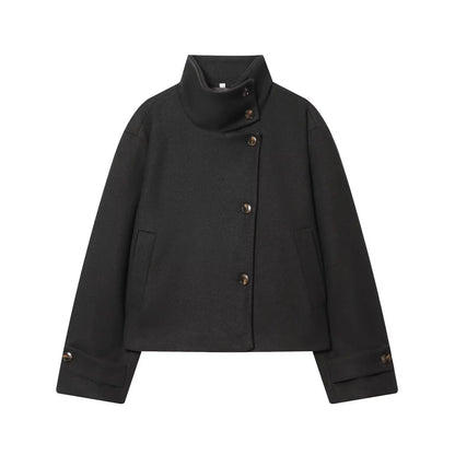 Women's Stand Collar Button Wool Blend Short Coat – Loose Casual Winter Jacket