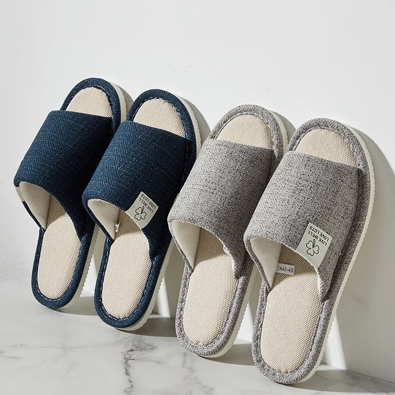 Linen Home Slippers – Open-Toe Breathable Indoor Shoes for Men & Women