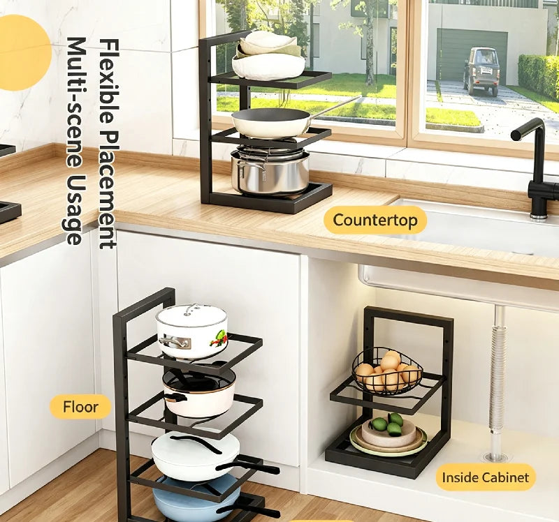 Multi-Tier Pot Rack Organizer – Carbon Steel Pan Storage Stand