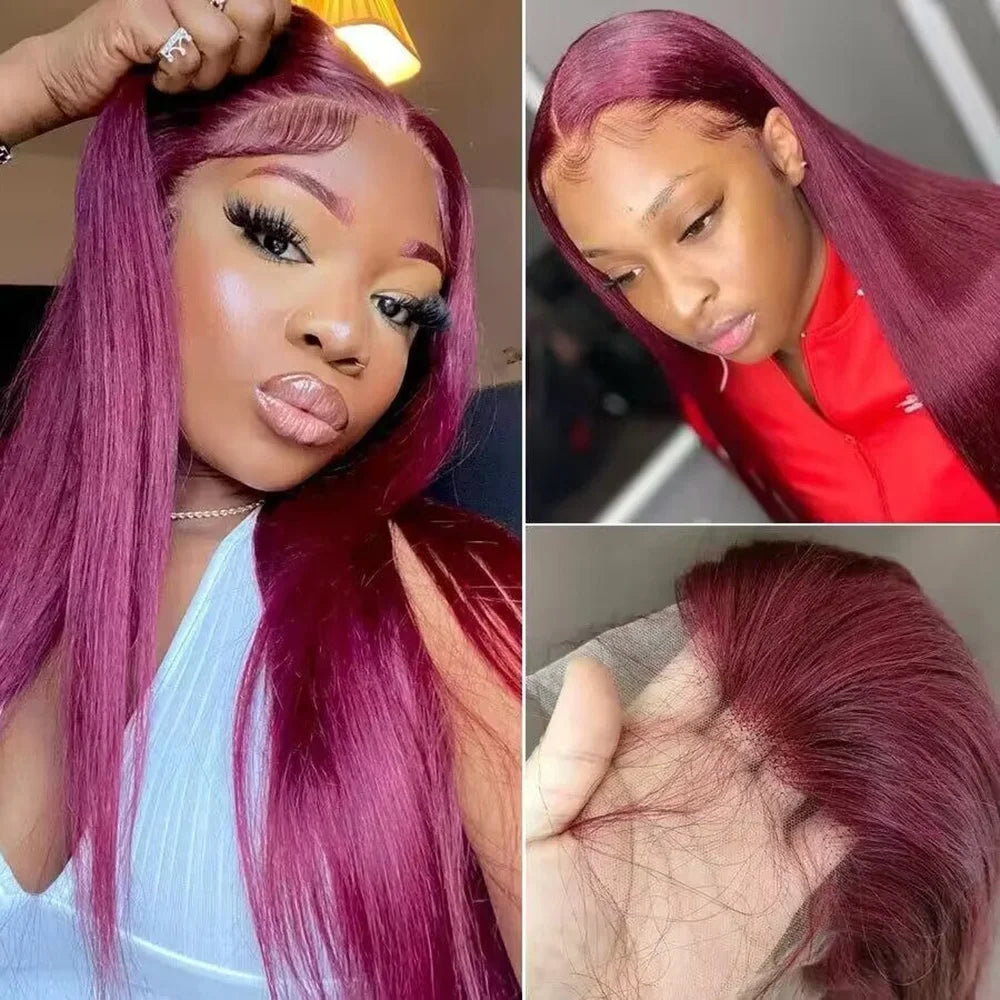 13x4 HD Lace Front Wig Straight #99J Red Human Hair 250 Density