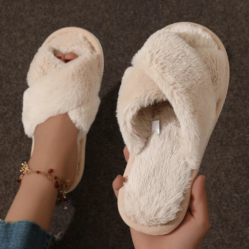 Fluffy Cross-Band Slippers – Plush Open-Toe Women's House Shoes