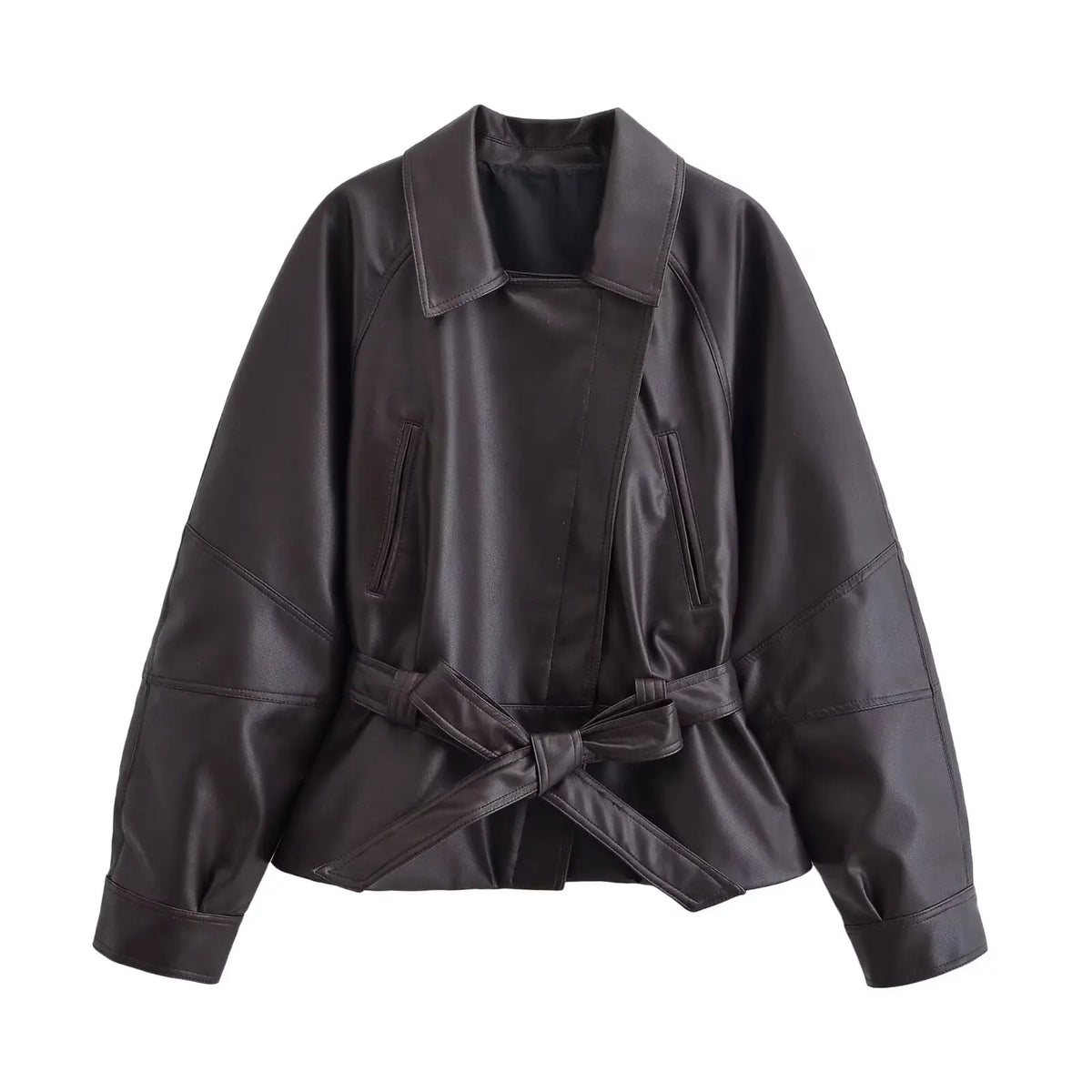 Women's Faux Leather Belted Jacket – Lapel Long Sleeve Coat