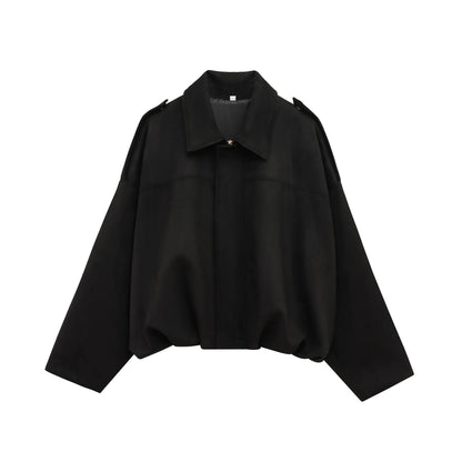 Women's Suede Bomber Jacket – Vintage Loose Zip-Up Coat with Lapel Collar