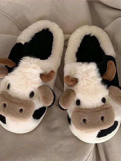 Cute Cow Plush Slippers – Warm Non-Slip Winter House Shoes