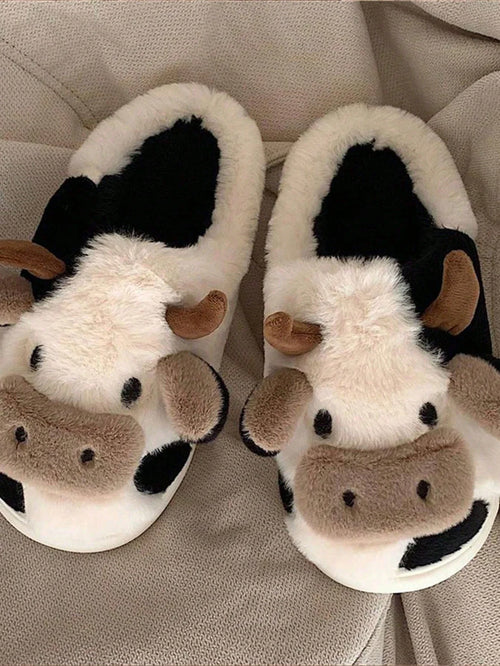 Cute Cow Plush Slippers – Warm Non-Slip Winter House Shoes