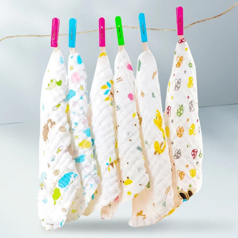 Kids Cotton Washcloths – 6-Layer Printed Square Towels 25cm, 5pcs