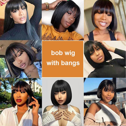 16 Inch Straight Bob Bangs Wig 3x1 Lace Human Hair Wigs 200 Density Short Natural Black Ready Wear