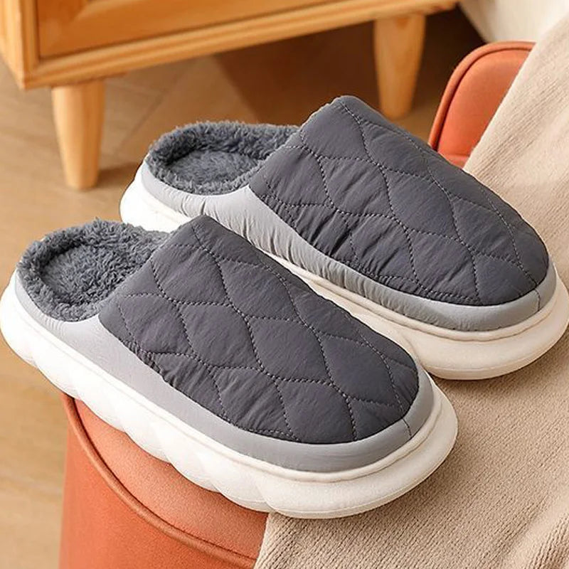 Waterproof Winter Slippers – Quilted Fur-Lined House Shoes for Men & Women