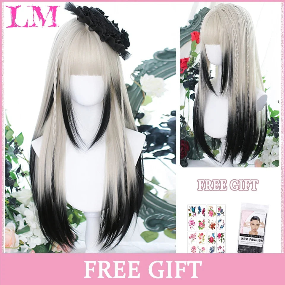 Cosplay Wig with Bangs – Long Straight Synthetic Hair 24 Inch