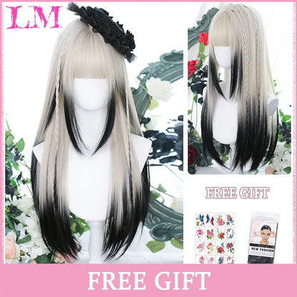 Cosplay Wig with Bangs – Long Straight Synthetic Hair 24 Inch