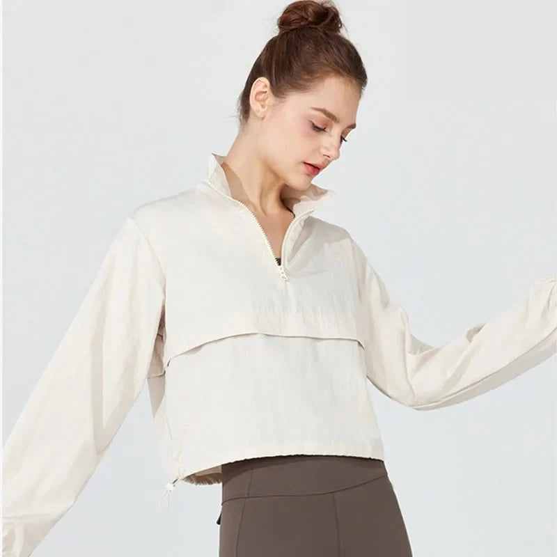 Women's Long Sleeve Athletic Jacket – Half-Zip Crop Top