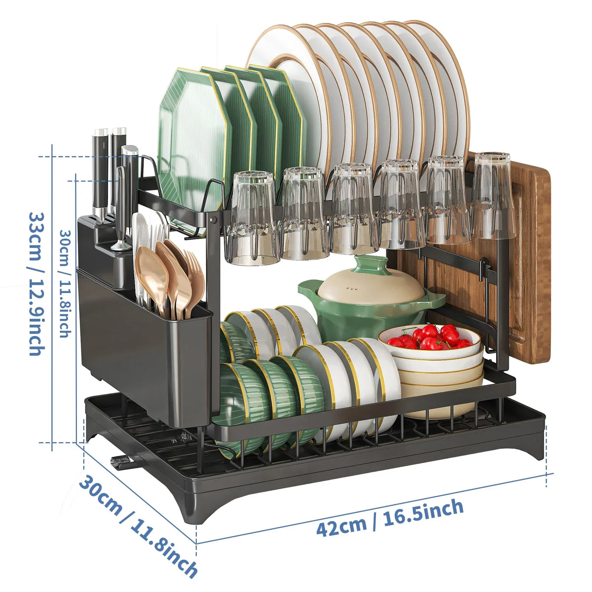 2-Tier Stainless Steel Dish Drying Rack with Drainboard & Utensil Holder