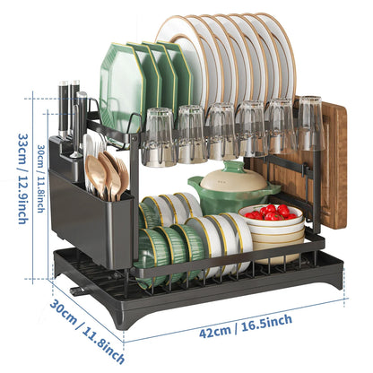 2-Tier Stainless Steel Dish Drying Rack with Drainboard & Utensil Holder