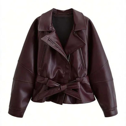 Women's Faux Leather Belted Jacket – Lapel Long Sleeve Coat