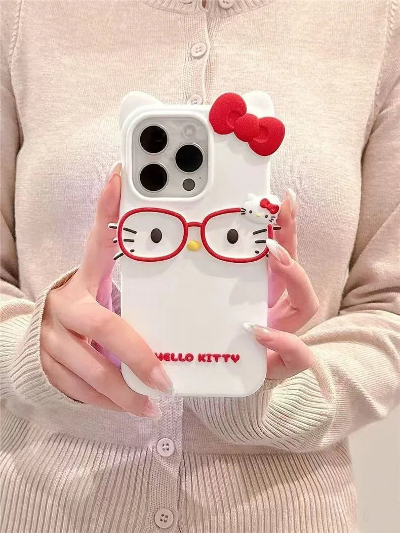 3D Hello Kitty Glasses Silicone iPhone Case – iPhone 4 to 17 Pro Max