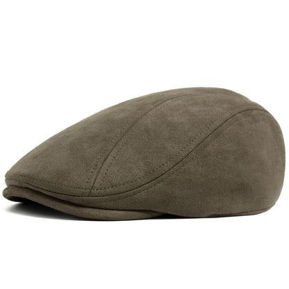 Suede Flat Cap Newsboy Beret – Vintage Winter Hat for Men & Women