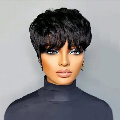 Pixie Cut Bob Wig with Bangs – Natural Black Short Straight Wig for Women