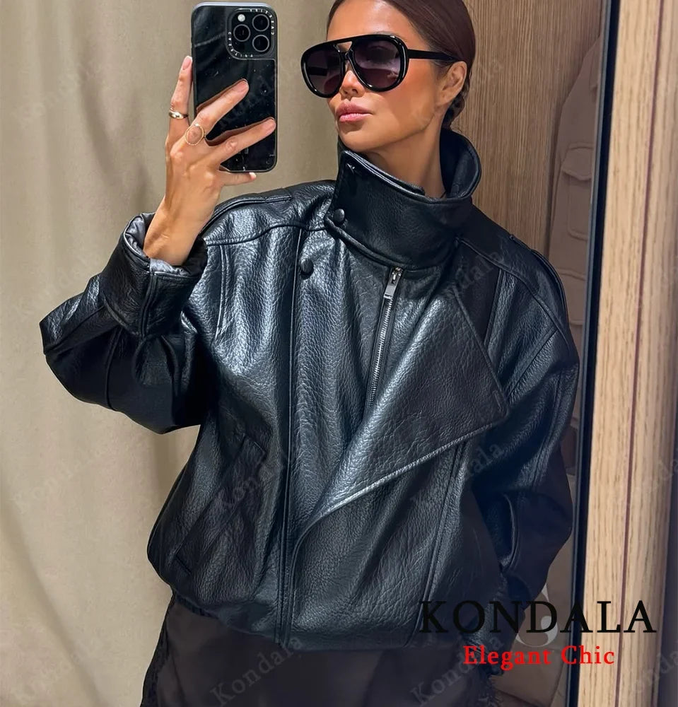 Women's Faux Leather Pilot Jacket – Zip-Up Casual Outwear for Fall & Winter