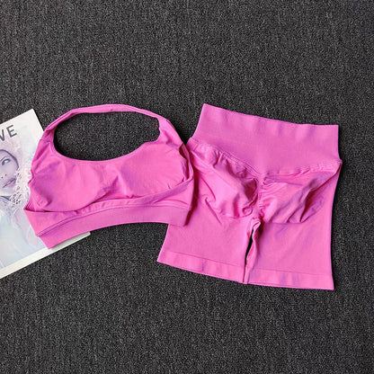 2-Piece Seamless Yoga Set – Women's Halter Sports Bra & Shorts