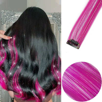Clip-In Hair Extensions 6pcs – Colorful Highlight Streaks with Tinsel, 22 Inches