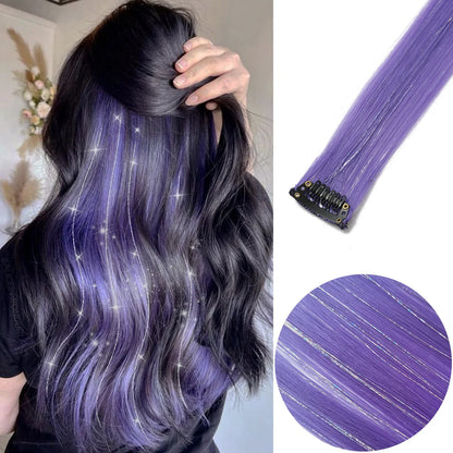 Clip-In Hair Extensions 6pcs – Colorful Highlight Streaks with Tinsel, 22 Inches